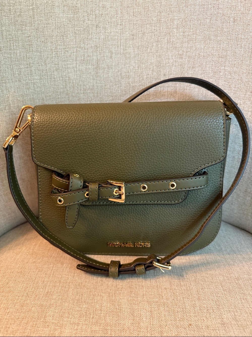 Michael Kors Emilia Olive Green Leather Small Saddle Crossbody Bag
